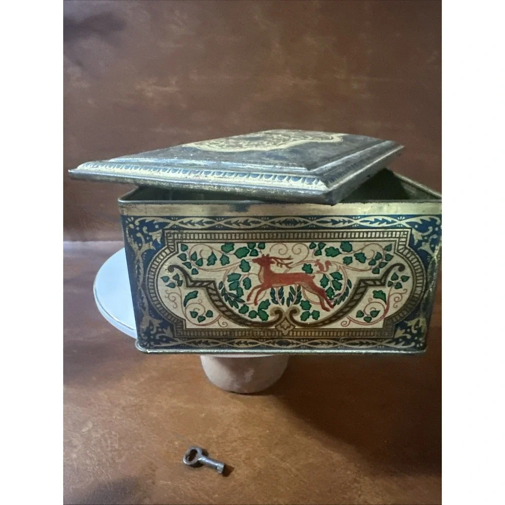Antique metal/tin box from candy/biscuits?-Early 1900's-Made in England w-key